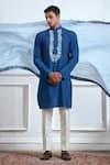 Shop_TAJIRI_Blue Cotton Tussar Hand Embroidered Floral Expedition Kurta Set _Online_at_Aza_Fashions