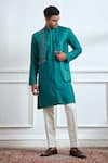 Buy_TAJIRI_Green Cotton Tussar Hand Embroidered Lotus Emerald Layered Kurta And Pyjama Set _at_Aza_Fashions