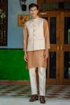 Buy_TAJIRI_Peach Bundi- Linen Embroidered Floral Riyasat And Kurta Set _at_Aza_Fashions