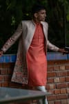 TAJIRI_Beige Jacket Raw Silk Embroidered Floral Klas Kurta Set_Online_at_Aza_Fashions