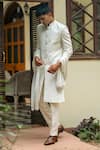 TAJIRI_White Cotton Silk Hand Embroidered Pearl Work Sherwani Set_Online_at_Aza_Fashions