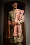 TAJIRI_Green Cotton Silk Embroidery Thread Karigari Sherwani Set_Online_at_Aza_Fashions