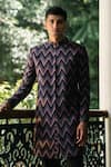 TAJIRI_Black Embroidery Thread Valiant Chevron Pattern Sherwani Set _Online_at_Aza_Fashions