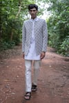 Buy_TAJIRI_White Jacket Velvet Embroidery Thread Prowess Geometric And Kurta Set _at_Aza_Fashions