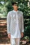 Shop_TAJIRI_White Jacket Velvet Embroidery Thread Prowess Geometric And Kurta Set _Online_at_Aza_Fashions