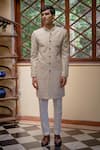 Buy_TAJIRI_Beige Cotton Silk Embroidery Thread Rajvansh Scallop Sherwani Set _at_Aza_Fashions