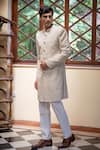 TAJIRI_Beige Cotton Silk Embroidery Thread Rajvansh Scallop Sherwani Set _Online_at_Aza_Fashions