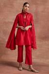 Buy_Sue Mue_Red Handwoven Chanderi Silk Vanya Cape Sleeve Kurta And Pant Set _at_Aza_Fashions