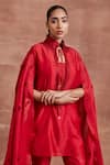 Buy_Sue Mue_Red Handwoven Chanderi Silk Vanya Cape Sleeve Kurta And Pant Set _Online_at_Aza_Fashions