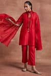 Shop_Sue Mue_Red Handwoven Chanderi Silk Vanya Cape Sleeve Kurta And Pant Set _Online_at_Aza_Fashions