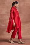 Sue Mue_Red Handwoven Chanderi Silk Vanya Cape Sleeve Kurta And Pant Set _at_Aza_Fashions