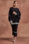 Shop_Sue Mue_Black Handwoven Chanderi Silk Embroidered Vada Kaftan Top And Pant Set _at_Aza_Fashions