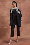 Buy_Sue Mue_Black Handwoven Chanderi Silk Embroidered Floral Naisha Kaftan Top And Pant Set _at_Aza_Fashions