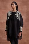 Buy_Sue Mue_Black Handwoven Chanderi Silk Embroidered Floral Naisha Kaftan Top And Pant Set _Online_at_Aza_Fashions