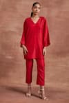 Buy_Sue Mue_Red Handwoven Chanderi Silk Embroidered Mayra Kaftan Kurta And Pant Set _at_Aza_Fashions