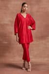 Sue Mue_Red Handwoven Chanderi Silk Embroidered Mayra Kaftan Kurta And Pant Set _Online_at_Aza_Fashions