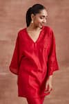 Shop_Sue Mue_Red Handwoven Chanderi Silk Embroidered Mayra Kaftan Kurta And Pant Set _Online_at_Aza_Fashions