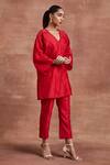 Sue Mue_Red Handwoven Chanderi Silk Embroidered Mayra Kaftan Kurta And Pant Set _at_Aza_Fashions