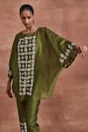 Shop_Sue Mue_Green Handwoven Chanderi Silk Embroidered Thread Dhani Kaftan Top And Pant Set _Online_at_Aza_Fashions