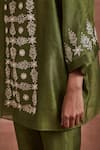 Sue Mue_Green Handwoven Chanderi Silk Embroidered Thread Dhani Kaftan Top And Pant Set _at_Aza_Fashions