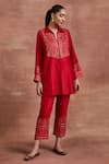 Buy_Sue Mue_Red Handwoven Chanderi Silk Embroidered Floral Collar Lekh Shirt And Pant Set _at_Aza_Fashions