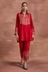 Buy_Sue Mue_Red Handwoven Chanderi Silk Embroidered Floral Collar Lekh Shirt And Pant Set _Online_at_Aza_Fashions