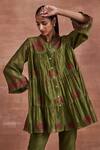 Sue Mue_Green Handwoven Chanderi Silk Embroidered Veena Tiered Shirt Tunic And Pant Set _at_Aza_Fashions