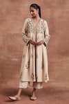 Sue Mue_Beige Handwoven Monga Tussar Silk Embroidered Aayu Anarkali Set _Online_at_Aza_Fashions