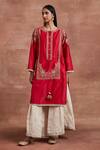 Buy_Sue Mue_Red Handwoven Chanderi Silk Embroidered Thread Round Dipal Kurta And Palazzo Set _at_Aza_Fashions