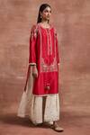 Sue Mue_Red Handwoven Chanderi Silk Embroidered Thread Round Dipal Kurta And Palazzo Set _Online_at_Aza_Fashions