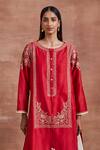 Buy_Sue Mue_Red Handwoven Chanderi Silk Embroidered Thread Round Dipal Kurta And Palazzo Set _Online_at_Aza_Fashions