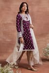 Buy_Sue Mue_Purple Handwoven Monga Silk Embroidered Dori Notched Lahar Gathered Kurta Set _at_Aza_Fashions