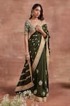 Buy_Sue Mue_Green Raw Silk Embroidery Thread V Neck Chhaya Aari Saree With Blouse _at_Aza_Fashions