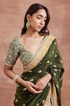 Shop_Sue Mue_Green Raw Silk Embroidery Thread V Neck Chhaya Aari Saree With Blouse _Online_at_Aza_Fashions