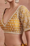 Buy_Sue Mue_Yellow Raw Silk Embroidery Dori Plunge V Neck Devika Chevron Pattern Lehenga Set _Online_at_Aza_Fashions