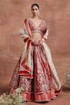 Buy_Sue Mue_Red Tissue Silk Woven Aari Deep V Aaloka Floral Brocade Lehenga Set _at_Aza_Fashions