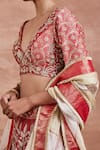 Sue Mue_Red Tissue Silk Woven Aari Deep V Aaloka Floral Brocade Lehenga Set _Online_at_Aza_Fashions