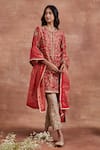 Buy_Sue Mue_Red Tissue Silk Embroidery Zardozi Notched Menaha Work Kurta Set _at_Aza_Fashions