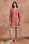 Sue Mue_Red Tissue Silk Embroidery Zardozi Notched Menaha Work Kurta Set _at_Aza_Fashions