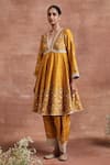 Shop_Sue Mue_Yellow Handwoven Raw Silk Embroidery Thread Archisha Floral Jaal Anarkali Set _Online_at_Aza_Fashions