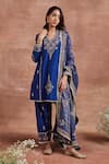 Buy_Sue Mue_Blue Handwoven Raw Silk Embroidery Thread Leaf Neck Ganika Floral Kurta Set _at_Aza_Fashions