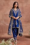 Shop_Sue Mue_Blue Handwoven Raw Silk Embroidery Thread Leaf Neck Ganika Floral Kurta Set _Online_at_Aza_Fashions