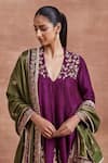 Sue Mue_Purple Handwoven Moonga Tussar Embroidery Thread V Neck Aarya Dori Anarkali Set _at_Aza_Fashions