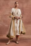 Buy_Sue Mue_Beige Handwoven Chanderi Silk Embroidery Thread Keyhole Mahi Dori Work Kurta Set _at_Aza_Fashions