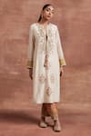 Sue Mue_Beige Handwoven Chanderi Silk Embroidery Thread Keyhole Mahi Dori Work Kurta Set _at_Aza_Fashions