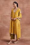 Buy_Sue Mue_Yellow Handwoven Chanderi Silk Embroidery Thread V Neck Damini Aari Kurta Set _at_Aza_Fashions