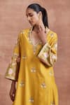 Buy_Sue Mue_Yellow Handwoven Chanderi Silk Embroidery Thread V Neck Damini Aari Kurta Set _Online_at_Aza_Fashions