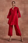 Shop_Sue Mue_Red Handwoven Chanderi Silk Embroidered Adhara Shirt And Pant Set 