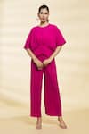 Buy_Khwaab by Sanjana Lakhani_Pink Chinon Plain Round Neck Jasmine Pleated Solid Top With Pant _at_Aza_Fashions