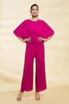 Samyukta Singhania_Pink Chinon Plain Round Neck Jasmine Pleated Solid Top With Pant _at_Aza_Fashions